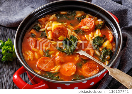 Swamp Soup with Sausage Kale White Bean and Orzo 136157741