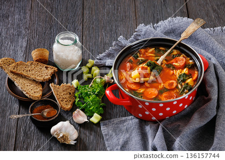Swamp Soup with Sausage Kale White Bean and Orzo 136157744