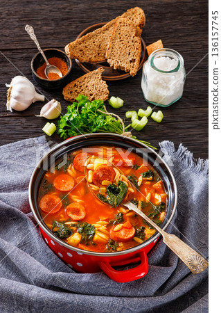 Swamp Soup with Sausage Kale White Bean and Orzo 136157745