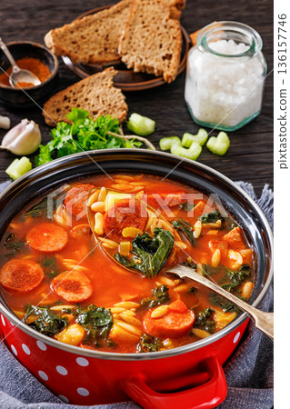 Swamp Soup with Sausage Kale White Bean and Orzo 136157746