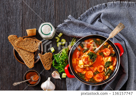 Swamp Soup with Sausage Kale White Bean and Orzo 136157747