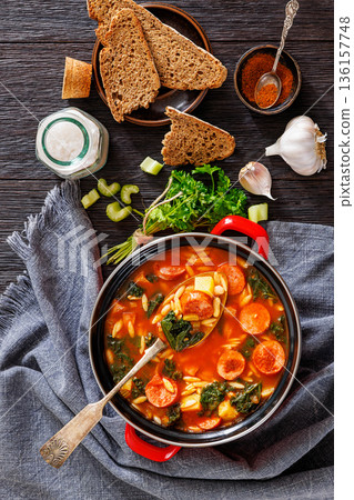 Swamp Soup with Sausage Kale White Bean and Orzo 136157748