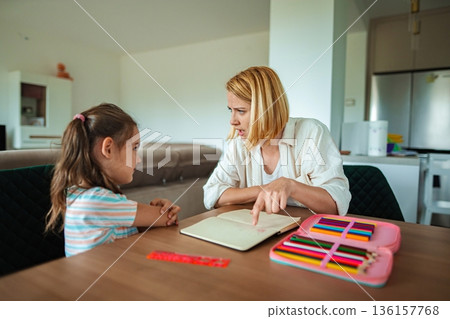 Learning and quarrel time between mother and daughter Learning and quarrel time between mother and daughter 136157768