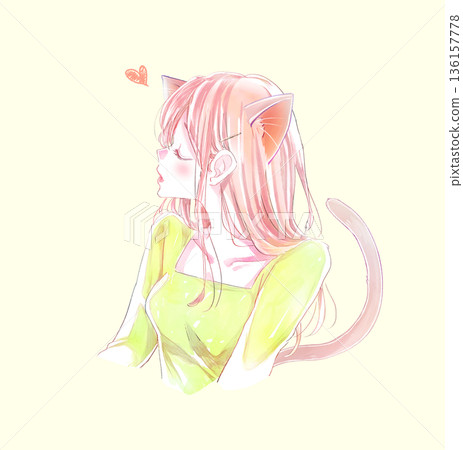 女人親吻臉部，側臉，貓耳朵 136157778