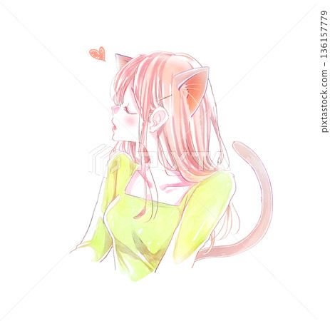 女人親吻臉部，側臉，貓耳朵 136157779