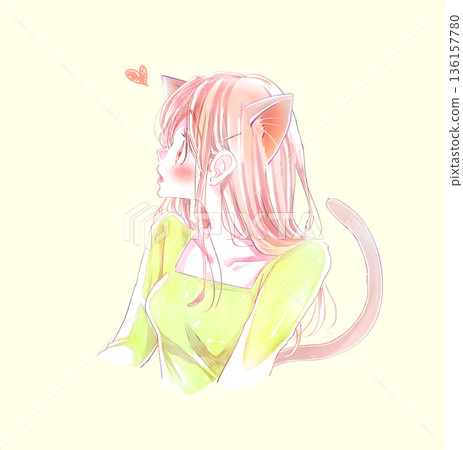 驚訝的戀愛中女子，側臉，貓耳朵 136157780