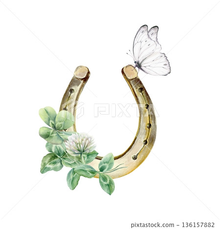 Upright horseshoe,shamrock leaves,white clover flower,delicate white butterfly Irish symbols of luck and happiness.Watercolor charming trio for St. Patricks Day designs,greeting cards,cultural gifts 136157882