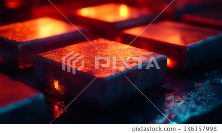 Radiant metal squares glow in vibrant red hues. The heat casts an enchanting light. This captivating image explores temperature and texture interactions. Generative AI 136157998