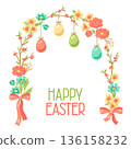 Happy Easter greeting card. Cute eggs and flowers for traditional celebration. 136158232