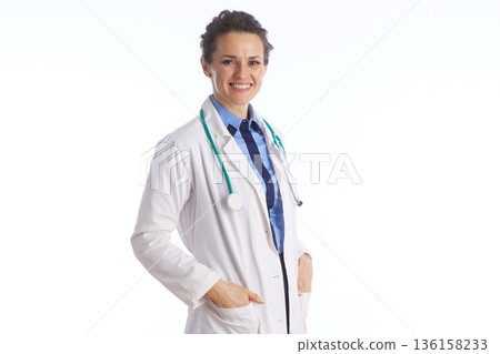 Professional Female Doctor in Lab Coat and Tie 136158233