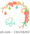 Happy Easter greeting card. Cute eggs and flowers for traditional celebration. 136158260