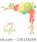 Happy Easter greeting corner. Cute eggs and flowers for traditional celebration. 136158294