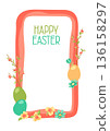 Happy Easter greeting frame design. Cute eggs and flowers for traditional celebration. 136158297