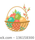 Happy Easter bucket with eggs. Cute greeting card for traditional celebration. 136158300