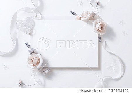 Elegant white rose, message card surrounded by ribbon and beautiful glass heart, white background, frame material Elegant white rose, message card surrounded by ribbon and beautiful glass heart, white background, frame material 136158302