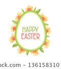 Happy Easter greeting frame design. Cute egg and flowers for traditional celebration. 136158310