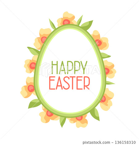 Happy Easter greeting frame design. Cute egg and flowers for traditional celebration. Happy Easter greeting frame design. Cute egg and flowers for traditional celebration. 136158310