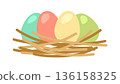 Happy Easter eggs in nest. Cute greeting card for traditional celebration. 136158325