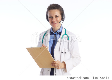 Medical Support Specialist with Headset and Clipboard 136158414