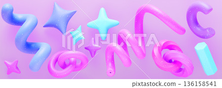 Vibrant colorful 3D spiral lines, inflatable stars, wavy chain links, pink blue geometric shapes with white dot texture on background. Abstract playful design elements for modern art. 3D illustration Vibrant colorful 3D spiral lines, inflatable stars, wavy chain links, pink blue geometric shapes with white dot texture on background. Abstract playful design elements for modern art. 3D illustration 136158541