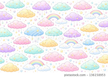 色彩繽紛的無縫圖案，粉紅色和淺藍色雲朵交相輝映。 136158953
