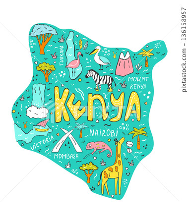 Hand Drawn Kenya Map Illustration with African Wildlife Landmarks and Safari Symbols Hand Drawn Kenya Map Illustration with African Wildlife Landmarks and Safari Symbols 136158957