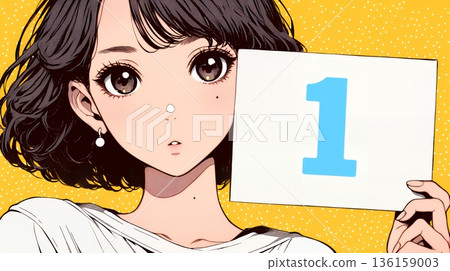 一位年輕女子舉著數字“1” 136159003
