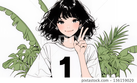 一位年輕女子舉著數字「1」（顏色簡單） 136159020