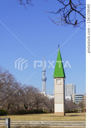 [Tokyo] Sarue Park Central Square Clock Tower and Skytree (Winter) 136159040