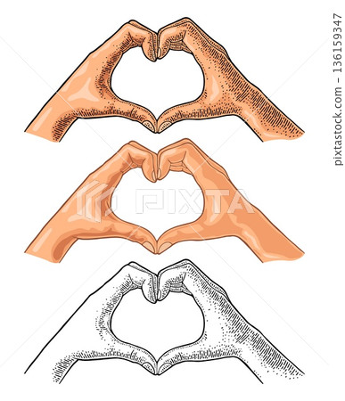 Fingers show heart. Vector engrave illustration for poster valentines day Fingers show heart. Vector engrave illustration for poster valentines day 136159347