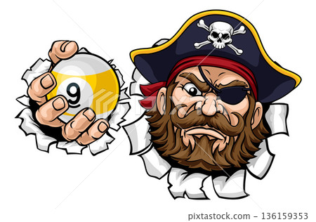 Pirate and 9 Ball Nine Ball Pool Cartoon Mascot 136159353