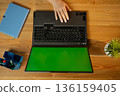 Woman's hand navigating a laptop touchpad with a green screen on a wooden desk, surrounded by office supplies, representing remote work and multimedia editing 136159405