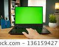 Person's hand interacting with a laptop featuring a blank green screen for easy content replacement, creating a versatile mock-up for remote work, technology, or digital concepts 136159427