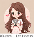 Cheerful girl is looking at her mobile phone, she is surprised and joyful. Hand drawn in thin line style, illustrations. 136159649