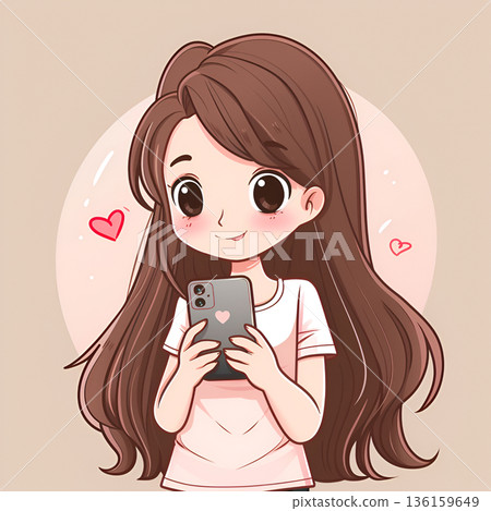 Cheerful girl is looking at her mobile phone, she is surprised and joyful. Hand drawn in thin line style, illustrations. 136159649