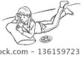 A woman lying down while looking at her smartphone Line drawing 136159723