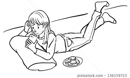 A woman lying down while looking at her smartphone Line drawing 136159723