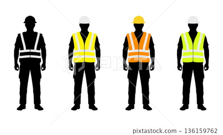 Set of four black silhouettes of construction workers in colored safety vests with reflective stripes and helmets, including orange, yellow, lime green, and black and white version, no background Set of four black silhouettes of construction workers in colored safety vests with reflective stripes and helmets, including orange, yellow, lime green, and black and white version, no background 136159762