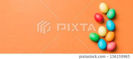holiday preparation Multi colors Easter eggs on colored background . Pastel color Easter eggs. holiday concept with copy space holiday preparation Multi colors Easter eggs on colored background . Pastel color Easter eggs. holiday concept with copy space 136159965