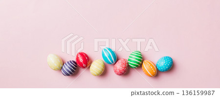 holiday preparation Multi colors Easter eggs on colored background . Pastel color Easter eggs. holiday concept with copy space holiday preparation Multi colors Easter eggs on colored background . Pastel color Easter eggs. holiday concept with copy space 136159987