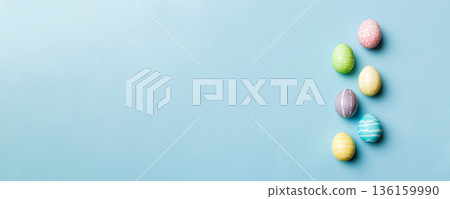 holiday preparation Multi colors Easter eggs on colored background . Pastel color Easter eggs. holiday concept with copy space 136159990