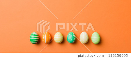holiday preparation Multi colors Easter eggs on colored background . Pastel color Easter eggs. holiday concept with copy space 136159995