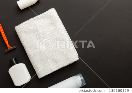 shaving man set. shaving machine, towel, lotion and shaving foam on colored background. Men bath Accessories top view 136160129