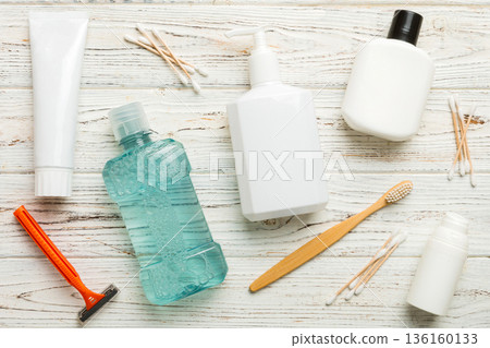 Mockup for bathing products top view flat lay, spa razor, toothpaste, soap, gel and other various accessories. Cosmetics for skin health. Bath Mockup for your logo Mockup for bathing products top view flat lay, spa razor, toothpaste, soap, gel and other various accessories. Cosmetics for skin health. Bath Mockup for your logo 136160133