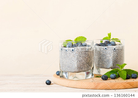 Healthy breakfast or morning with chia seeds vanilla pudding and blueberry berries on table background, vegetarian food, diet and health concept. Chia pudding with coconut milk and blueberry Healthy breakfast or morning with chia seeds vanilla pudding and blueberry berries on table background, vegetarian food, diet and health concept. Chia pudding with coconut milk and blueberry 136160144