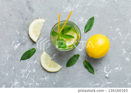 Caipirinha, Mojito cocktail, vodka or soda drink with lime, mint and straw on table background. Refreshing beverage with mint and lime in glass top view flat lay Caipirinha, Mojito cocktail, vodka or soda drink with lime, mint and straw on table background. Refreshing beverage with mint and lime in glass top view flat lay 136160165