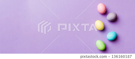 holiday preparation Multi colors Easter eggs on colored background . Pastel color Easter eggs. holiday concept with copy space holiday preparation Multi colors Easter eggs on colored background . Pastel color Easter eggs. holiday concept with copy space 136160187