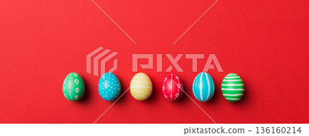holiday preparation Multi colors Easter eggs on colored background . Pastel color Easter eggs. holiday concept with copy space 136160214