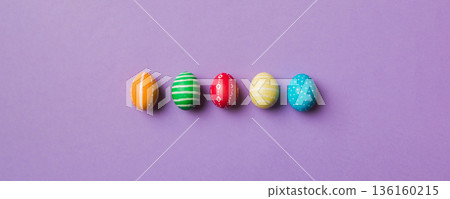 holiday preparation Multi colors Easter eggs on colored background . Pastel color Easter eggs. holiday concept with copy space 136160215