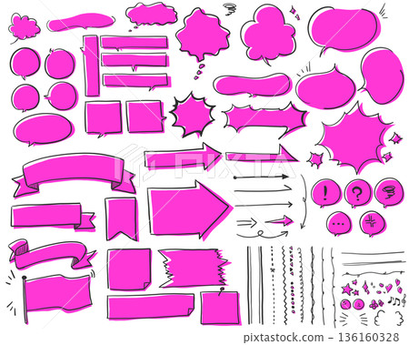 A set of loosely handwritten speech bubbles and decorations [painted_fluorescent pink] 136160328